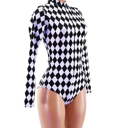 Harlequin Check Long Sleeve Cutout Bodysuit Sexy Circus Clown Stage Dance Bodysuit