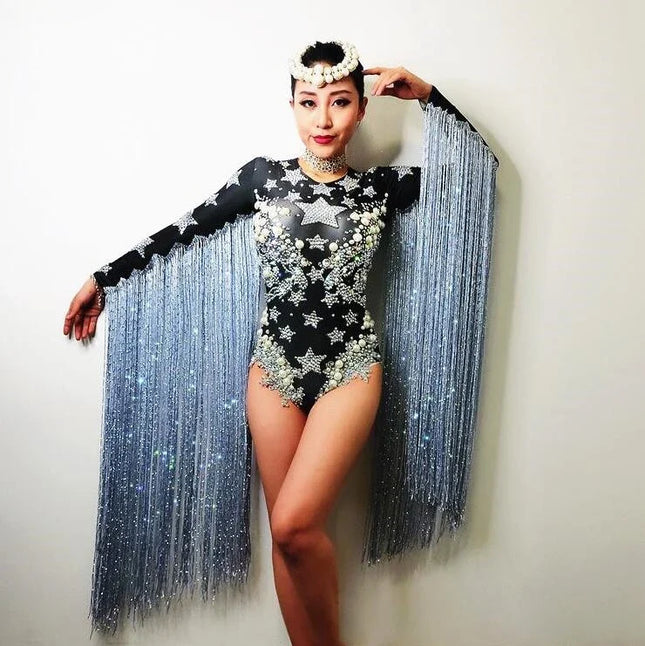 Sparkly Gray Crystal Star & Tassel Fringe Bodysuit Stage Performance Costume