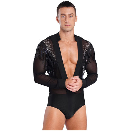 Men's Latin Salsa Sequin Tassel & Rhinestone V-Neck Performance Leotard Bodysuit