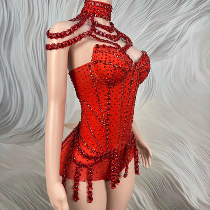Sparkly Rhinestone Tassel Spandex Bodysuit Halter Dance Stage Costume Leotard
