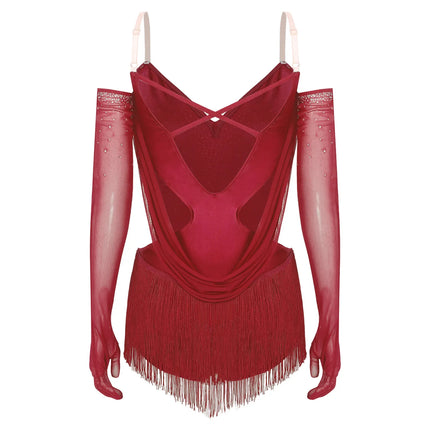 Sparkly Rhinestone & Tassel Fringe Dance Leotard with Gloves Two-Piece Stage Costume