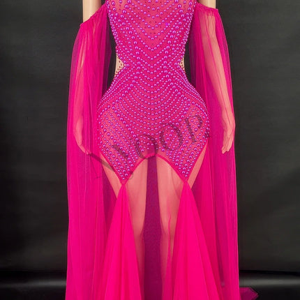 Rhinestone & Pearl Off-Shoulder Sheer Illusion Long Dress Gala Evening Costume