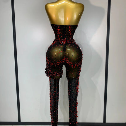 Crimson Diamond Rhinestone Catsuit Sheer Mesh Backless Jumpsuit Stage Costume