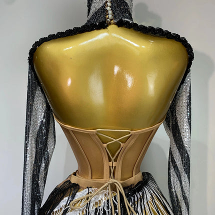 Sequined Long-Sleeve Diamond Top & Asymmetric Fringe Skirt 2-Piece Latin Dance Costume Set