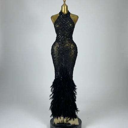 Luxury Rhinestone Crystal Turtleneck Gala Gown & Feather Hem Evening Maxi Dress
