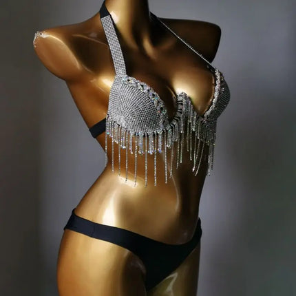 High-Fashion Crystal Mesh Bikini Set – Dazzling Rhinestone Bling Swimsuit & Showgirl Swimwear for Stage Performances & Raves
