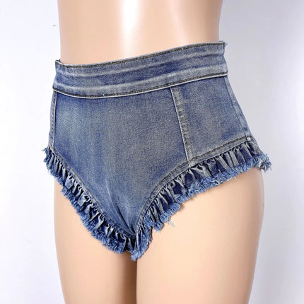High Waist Distressed Denim Hot Pants Tassel Cheeky Nightclub Shorts