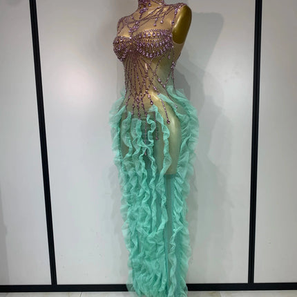 Mint Green Ombré Rhinestone Illusion Gown Tiered Ruffle Hem Maxi Stage Dress