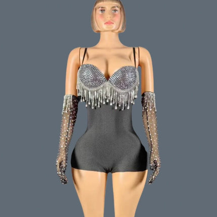 Black Spandex Crystal Tassel Bodysuit with Matching Gloves Stage Performance Set