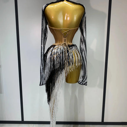 Sequined Long-Sleeve Diamond Top & Asymmetric Fringe Skirt 2-Piece Latin Dance Costume Set