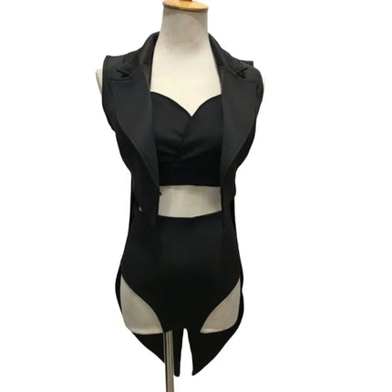 Female Jazz Dance Team Costume Black Yellow Bikini Tailcoat 3 Pieces Set Women Singer Nightclub Sexy Stage Wear Cosplay Outfits