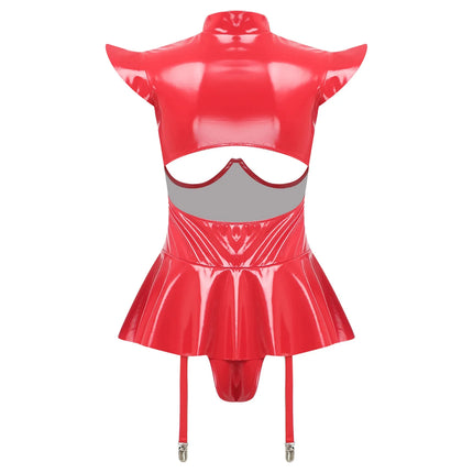 Glossy Wet-Look Halter Romper Bodysuit with Flared Skirt Hem & Integrated Garters