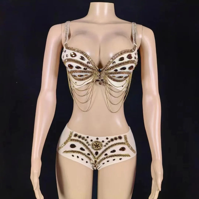 Sparkly Gold Rhinestone Two-Piece Bikini Bra & Shorts Set Stage Performance Costume