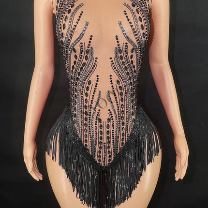 Sparkly Rhinestone, Sequin & Fringe Sleeveless Bodysuit Stage Performance Costume