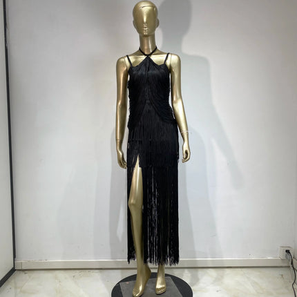 Double-Layer Fringe Bandage Ankle-Length Evening Gown & Gala Dress