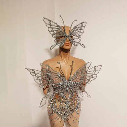 Silver Crystal Mesh 3D Butterfly Rhinestone Wings Jumpsuit