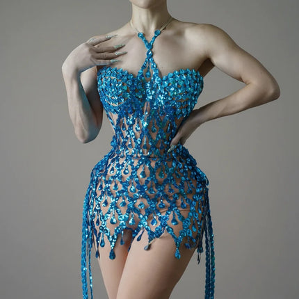 Sparkly Crystals & Sequins Mesh Halter Dress