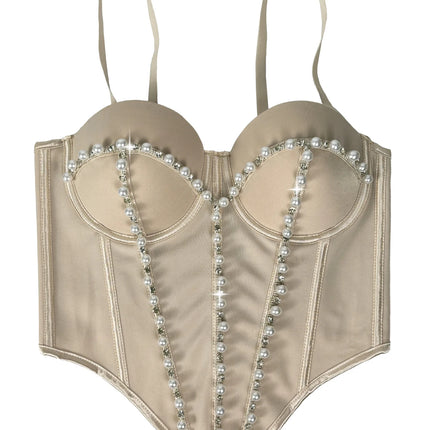 Pearl Embroidered Bustier Corset Crop Top High Street Evening Bralette