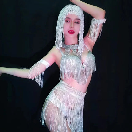 Luxury Crystal Tassel Bikini & Wig Performance Set – Premium Showgirl Stage Costume for GoGo Dancers, Nightclub DJs & Rave Outfits