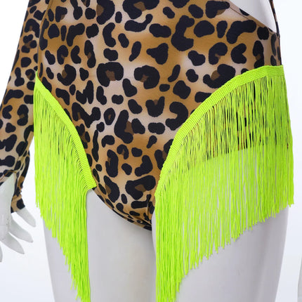Leopard Cutout Bodysuit & Fringe Sleeves 2-Piece Latin Ballroom Stage Costume Set