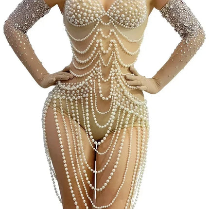 Diamond & Pearl Body Chain Illusion Catsuit Long-Sleeve Mesh Jumpsuit Stage Costume