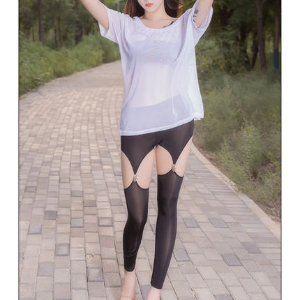Hollow Out Buckle Shaper Oil Shiny Leggings Garter Belt Pencil Pants
