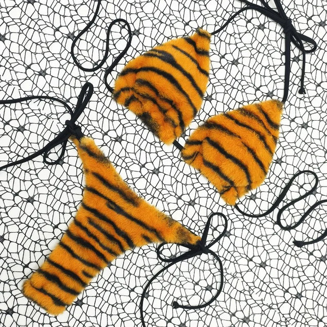 The Stardust Wildcat Knit Bikini – Retro Tiger Print Showgirl Set