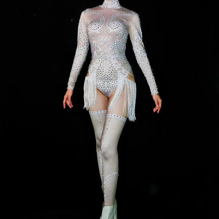 White Pearl & Crystal Rhinestone Bodysuit Sheer Mesh Leggings Illusion Stage Costume Set