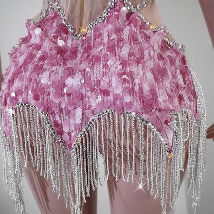 Sequin Beaded Tassels Mini Dress Crystals Mesh Bodycon Stage Performance Outfit
