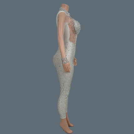 Sparkly Crystal Mesh Sheer Illusion Jumpsuit Stage Catsuit Costume
