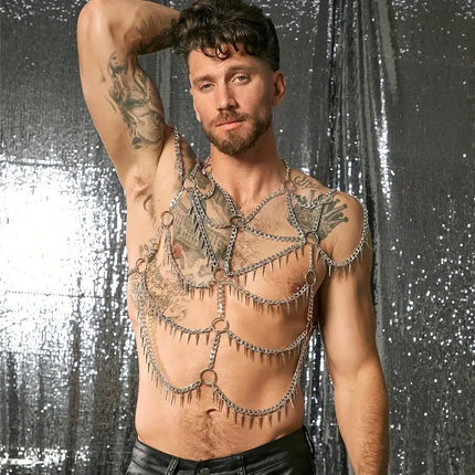 Fashionable Multi-Layer Fringe Men's Body Chain Metal Hanging Neck Iron Ring Vest Sexy Cutout Design Top