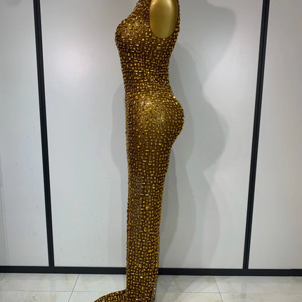 Sparkly Rhinestone Sleeveless Maxi Long Dress See-Through Sheer Mesh Stage Outfit
