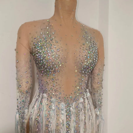 Iridescent Crystal Tassel Long Sleeve Sheer Mesh Stage Bodysuit Costume