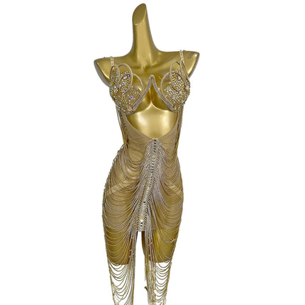 Hollow-Out Rhinestone Tassel Party Mini Dress & Latin Dance Wear