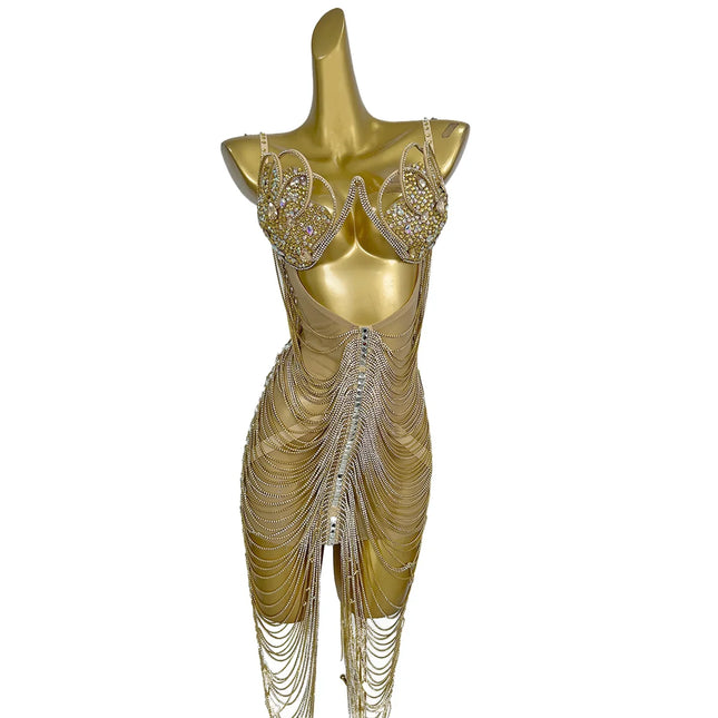 Hollow-Out Rhinestone Tassel Party Mini Dress & Latin Dance Wear