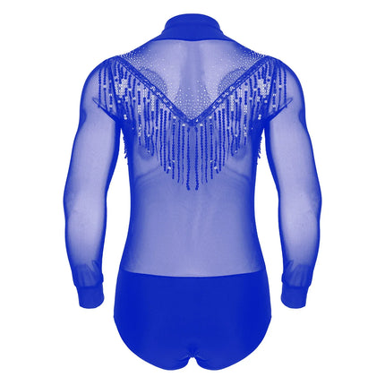 Men's Latin Salsa Sequin Tassel & Rhinestone V-Neck Performance Leotard Bodysuit