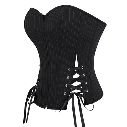 Black Striped Overbust Corset Top Zipper Front Lace-Up Bustier Body Shaper