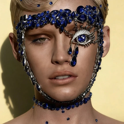 The Stardust Blue Demon – Deluxe Rhinestone Eye Mask & Full Face Chain Jewelry Veil
