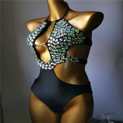 The Venus Vacation Cutout Monokini – Halter High-Waist Rhinestone Showgirl Costume
