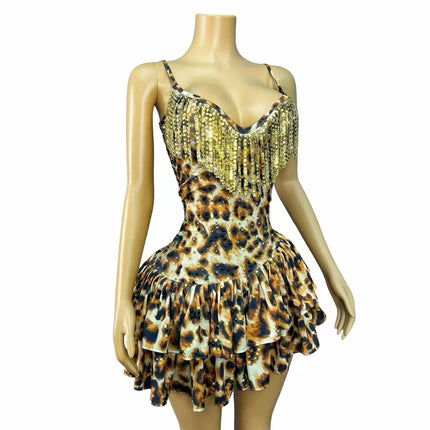 Leopard Print Crystal Sling Showgirl Mini Dress – Glamour Stage Performance Costume