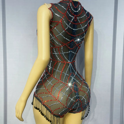 Spiderweb Rhinestone High-Cut Stage Bodysuit Halloween Dance Performance Leotard
