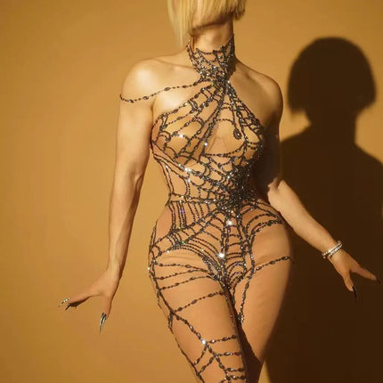 Sparkly Silver Rhinestone Spider Web Mesh Stage Performance Costume Set