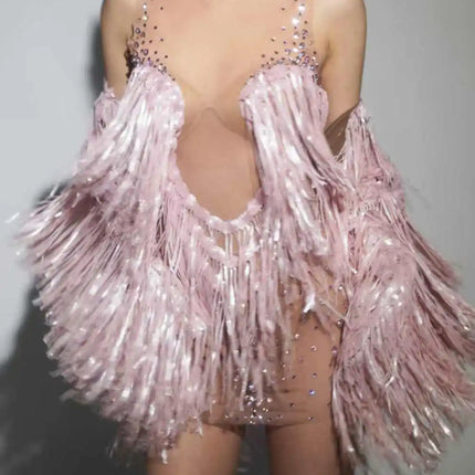 Rhinestone Sequin Fringe Mini Dress & Feather Shawl 2-Piece Stage Costume Set