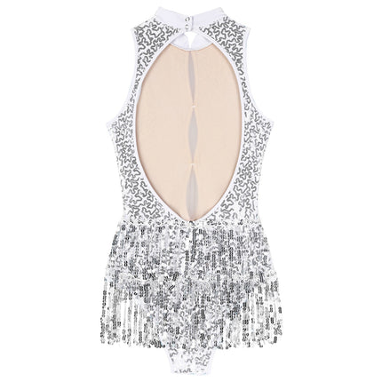 Glitter Sequin Fringe Latin Dance Leotard & Backless Performance Bodysuit