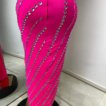 Hot Pink Rhinestone & Tulle Inset Open-Leg Maxi Evening Gown