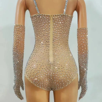 Sparkly Silver Crystal Rhinestone Bodysuit & Long Gloves Stage Costume Set