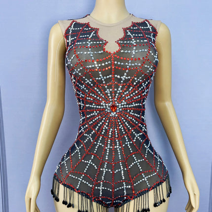 Spiderweb Rhinestone High-Cut Stage Bodysuit Halloween Dance Performance Leotard