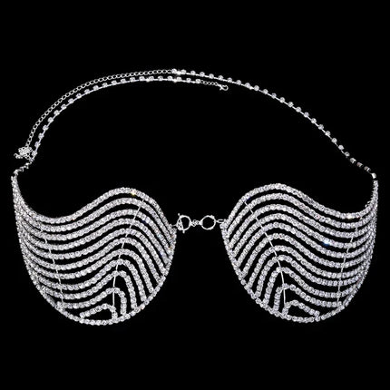 Luxury Crystal Swirl Micro Bikini Body Chain – Shimmering Rhinestone Tassel Bra & Exotic Chest Harness for Festivals, Raves & Clubwear