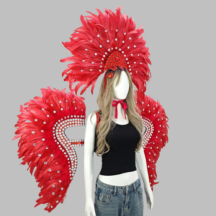 Carnival Elegant Ladies Feather Headdress Wings Two-Piece Role Play Catwalk Halloween Masquerade Carnival Party Suit