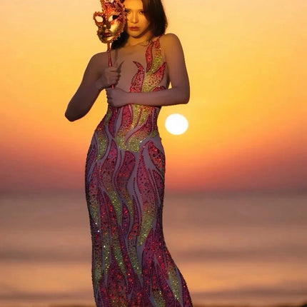 Flaming Fire Print Rhinestone Maxi Dress Sleeveless High-Slit Stage Performance Gown